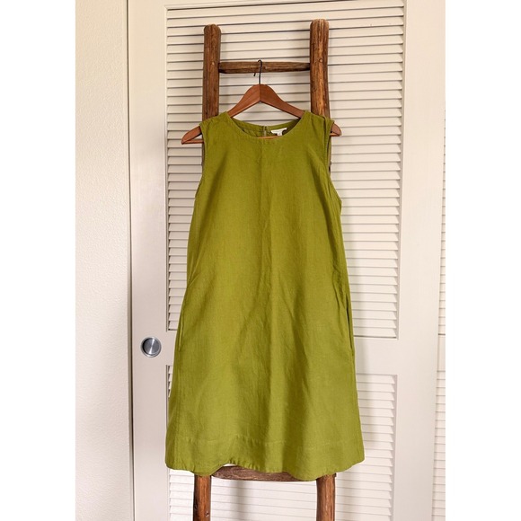 EILEEN FISHER sleeveless olive green linen cotton midi shift dress size M - Picture 2 of 5